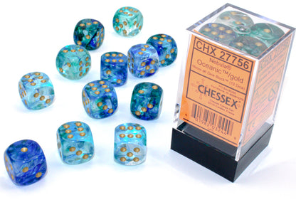 Luminary Nebula Oceanic/gold 16mm d6 Dice Block (12 Dice)