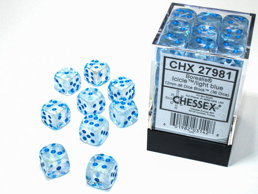 CHX27981 Luminary Borealis Icicle/light blue Dice 12mm d6 Block (36 dice)