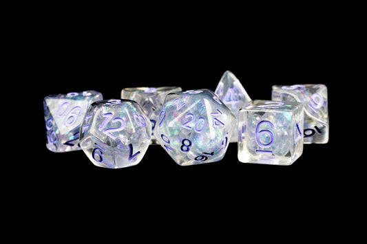 MDG: Pearl Dice w/ Purple Numbers 16mm Resin Poly Dice Set