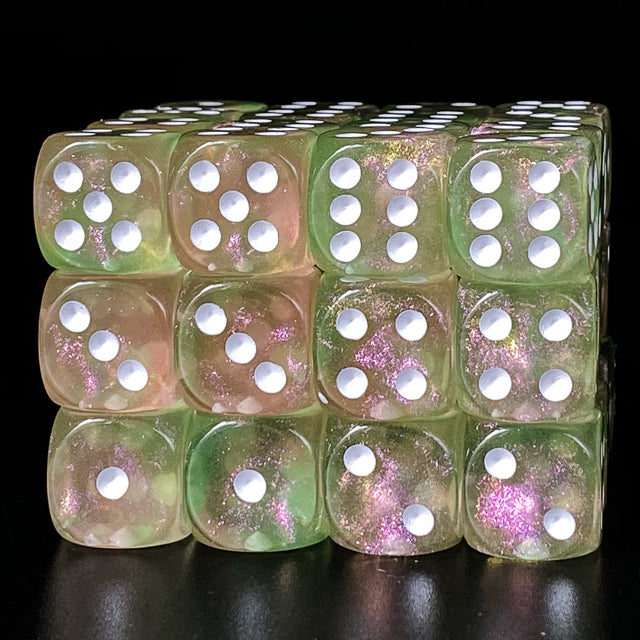 Udixi: Pink & Green (white number) 16mm Pip Glitter Dice
