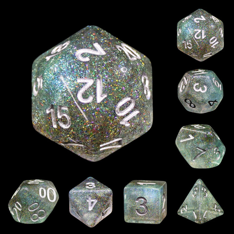 A set of polyhedral dice with glitter and a shimmering effect, primarily in green and transparent colors, used for RPG games.
