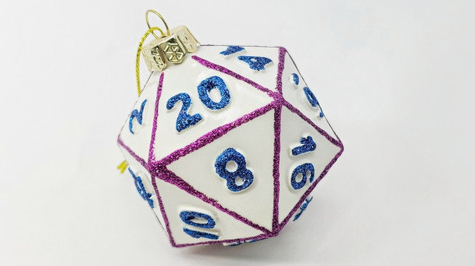 D20 Critmas Ornament: White w/Purple & Blue