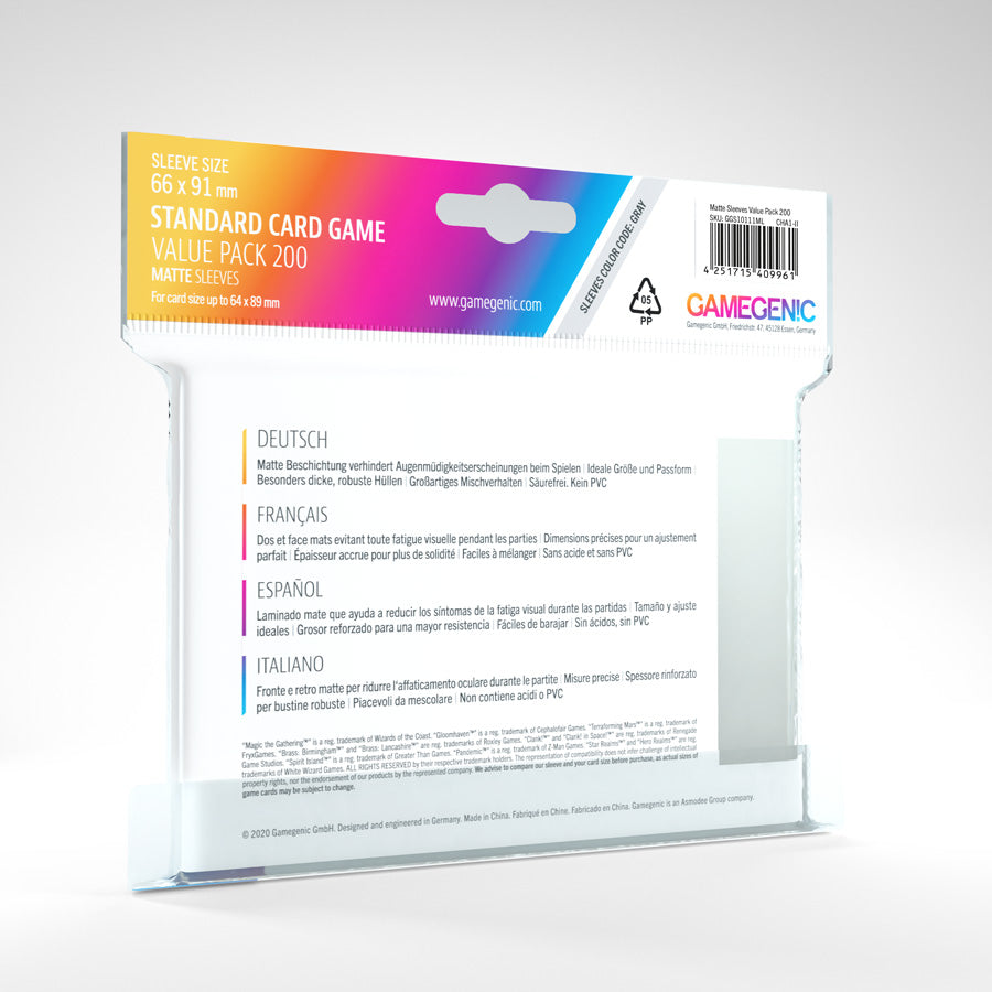 Gamegenic Matte Standard Sleeves (66mm x 91mm) Value Pack (200 Sleeves per Pack)