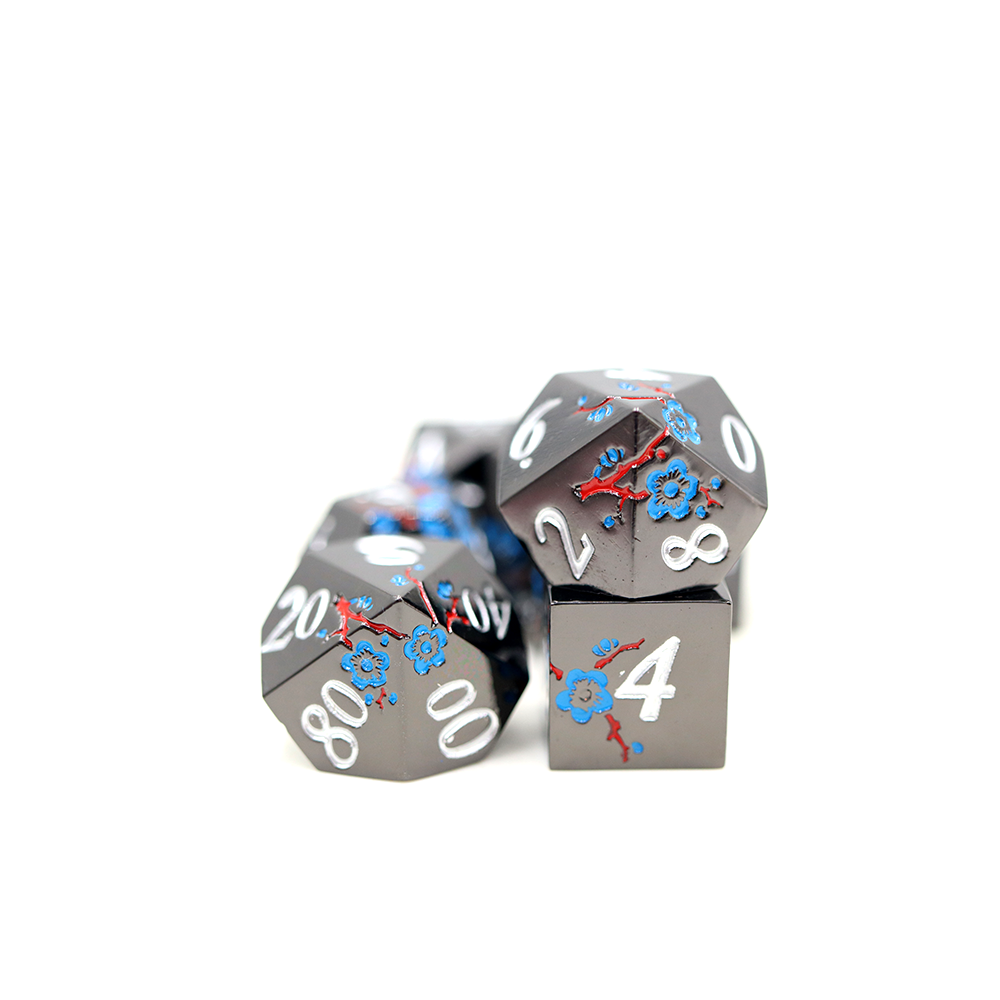 Red and Blue Blossom Shiny Black Metal Dice Set