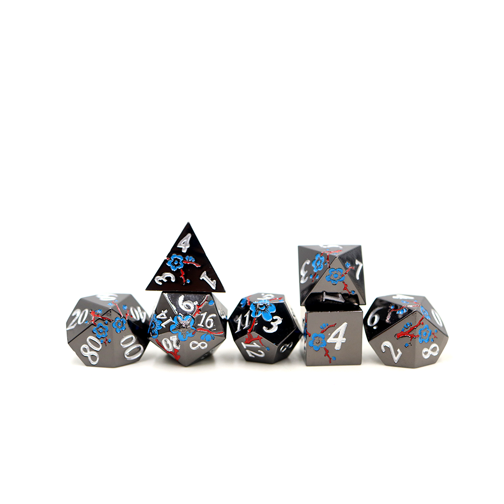 Red and Blue Blossom Shiny Black Metal Dice Set