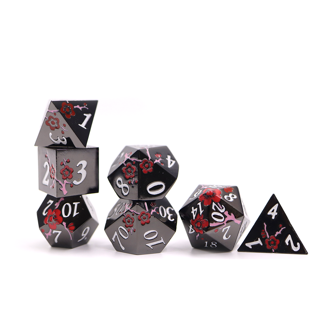 Red and Pink Blossom Black Metal Dice Set