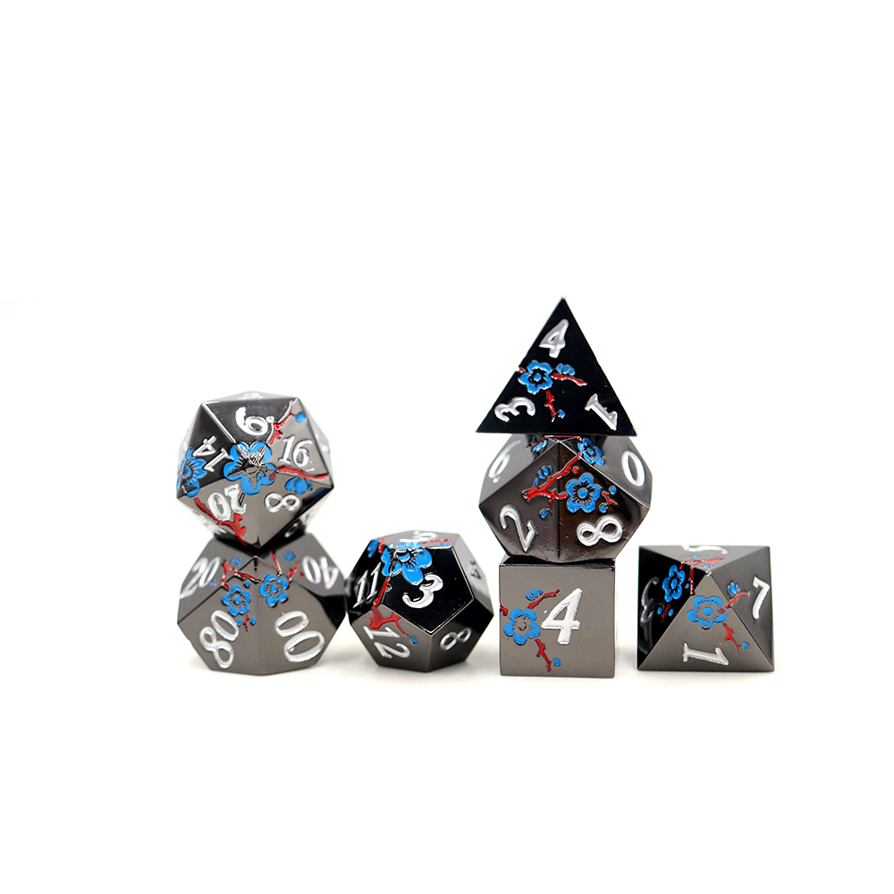 Red and Blue Blossom Shiny Black Metal Dice Set