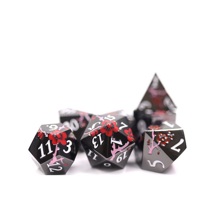 Red and Pink Blossom Black Metal Dice Set