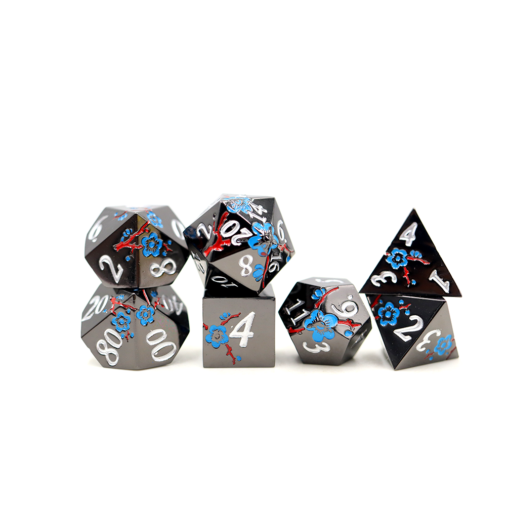 Red and Blue Blossom Shiny Black Metal Dice Set