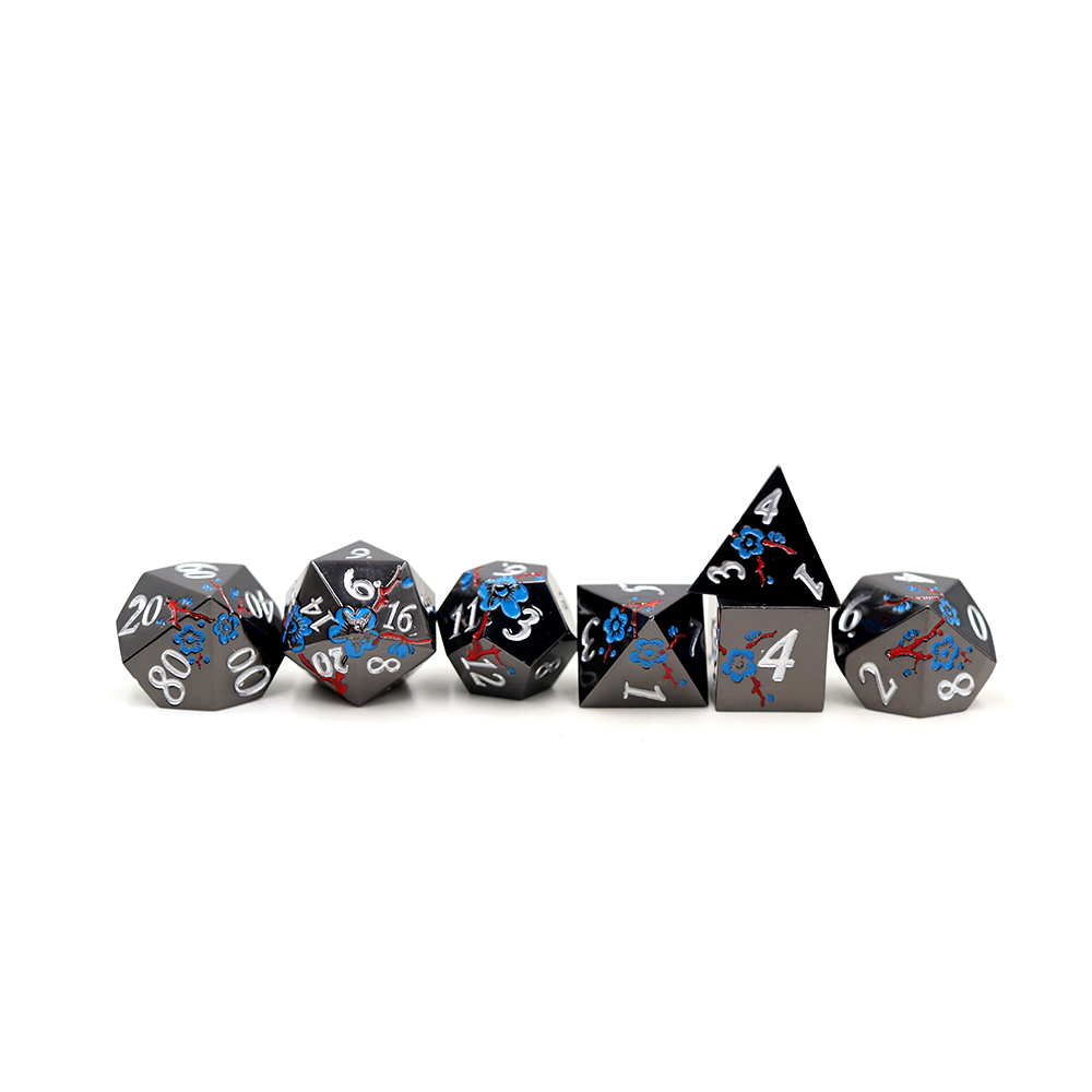 Red and Blue Blossom Shiny Black Metal Dice Set