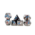 Red and Blue Blossom Shiny Black Metal Dice Set
