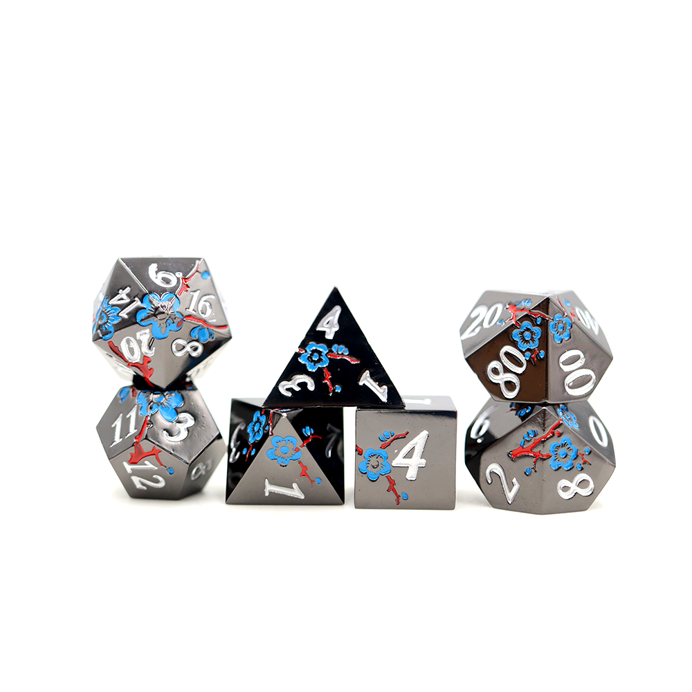 Red and Blue Blossom Shiny Black Metal Dice Set