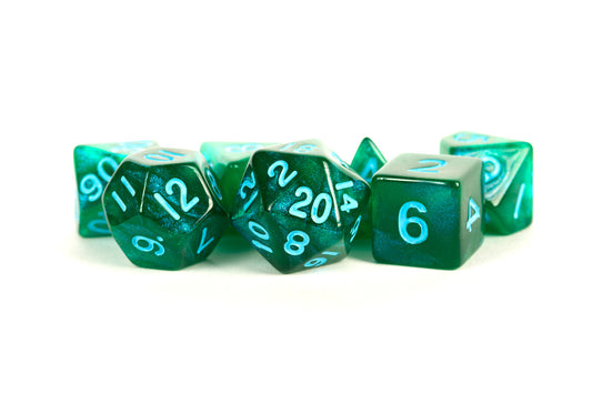 MDG Polyhedral Acrylic Dice Set 16mm - Stardust Green with Blue Numbers