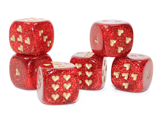 Single D6 16mm w/Heart pips: Glitter Ruby red/gold