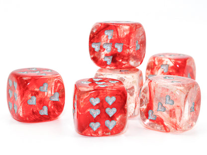 Single D6 16mm w/Heart pips: Nebula Red/silver Luminary